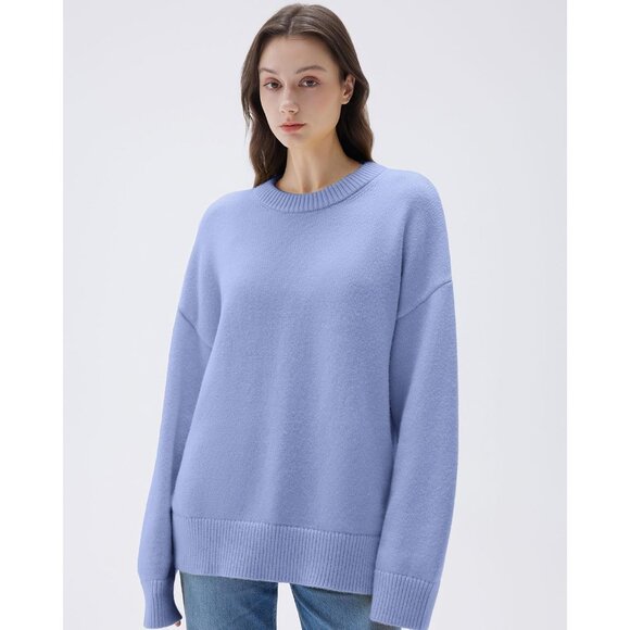 Women Cashmere Blend Oversized Crew Neck Pigeon Blue Soft Warm Pullover Sweater - Picture 2 of 5
